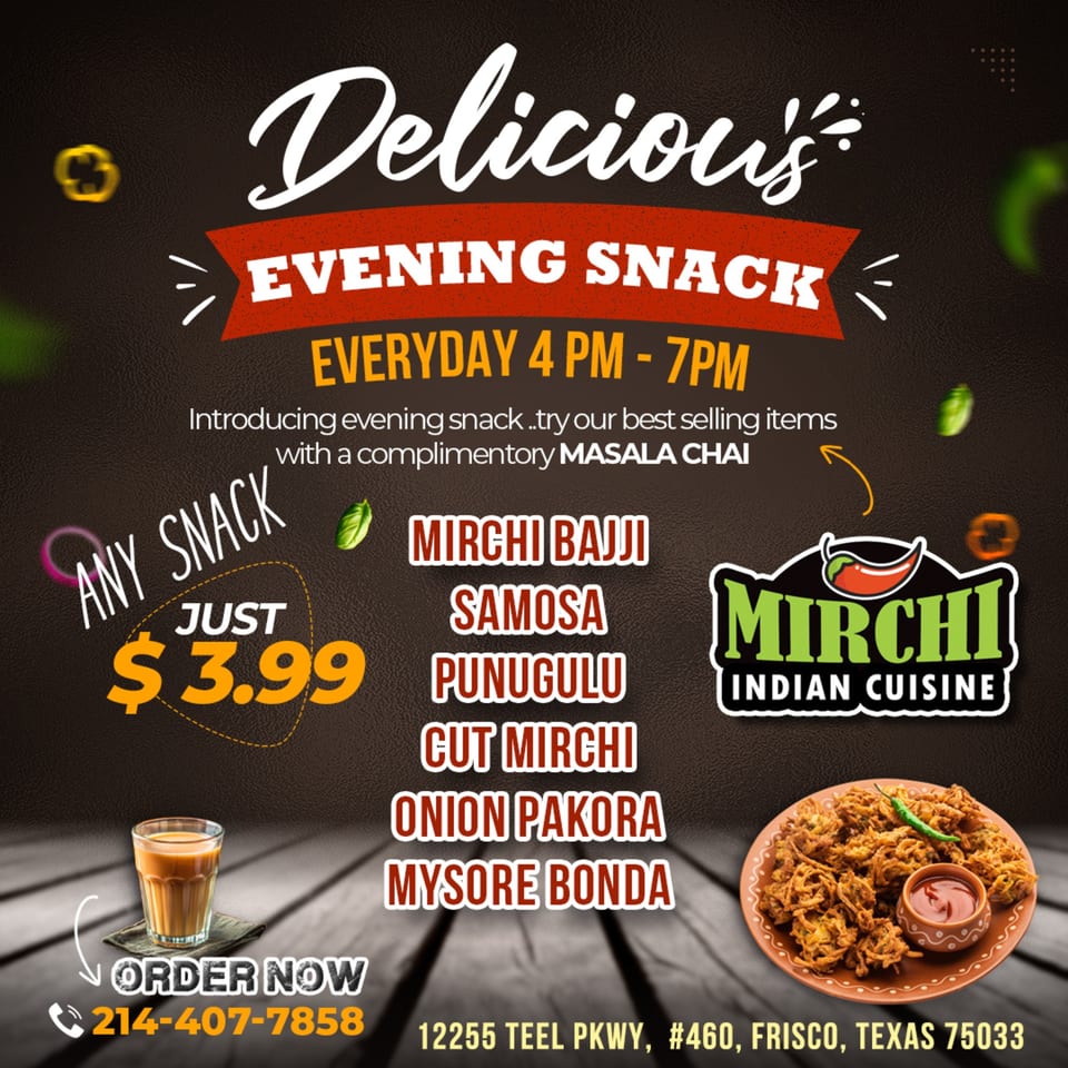 Mirchi Indian Cuisine's evening snack menu with various Indian snacks, Masala Chai, and a plate of Onion Pakora.