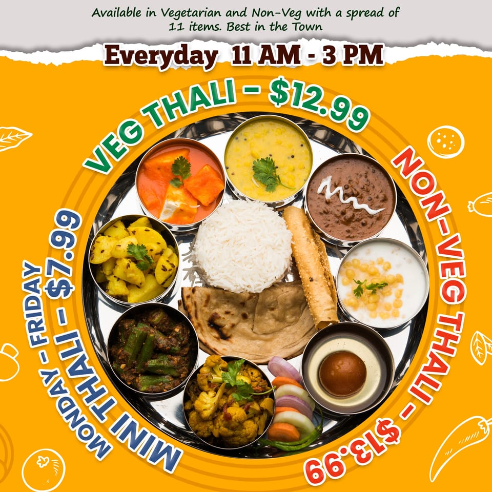 Mirchi Indian Cuisine's thali platter with various Indian dishes, rice, bread, and dessert.