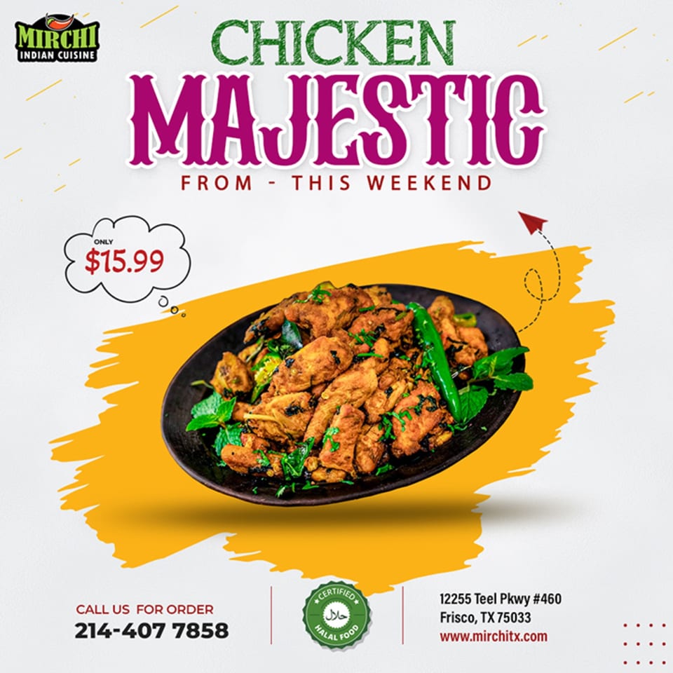 Mirchi Indian Cuisine's Chicken Majestic dish, a plate of seasoned chicken with green chilies and herbs.